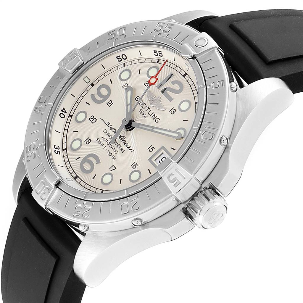 The image shows a close-up, angled view of the Breitling Superocean A17360 Men's Stainless Steel Beige Dial A17360 Men's Stainless Steel Beige Dial watch highlighting the dial, bezel, and part of the strap.