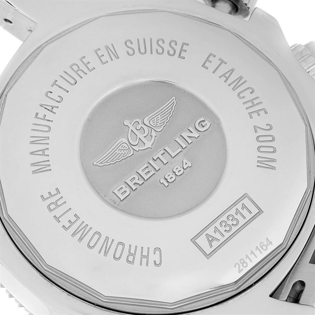 This image shows the back case of a Breitling Superocean A13311 Men's Stainless Steel Blue Dial A13311 Men's Stainless Steel Blue Dial watch, highlighting the brand engraving and model number.