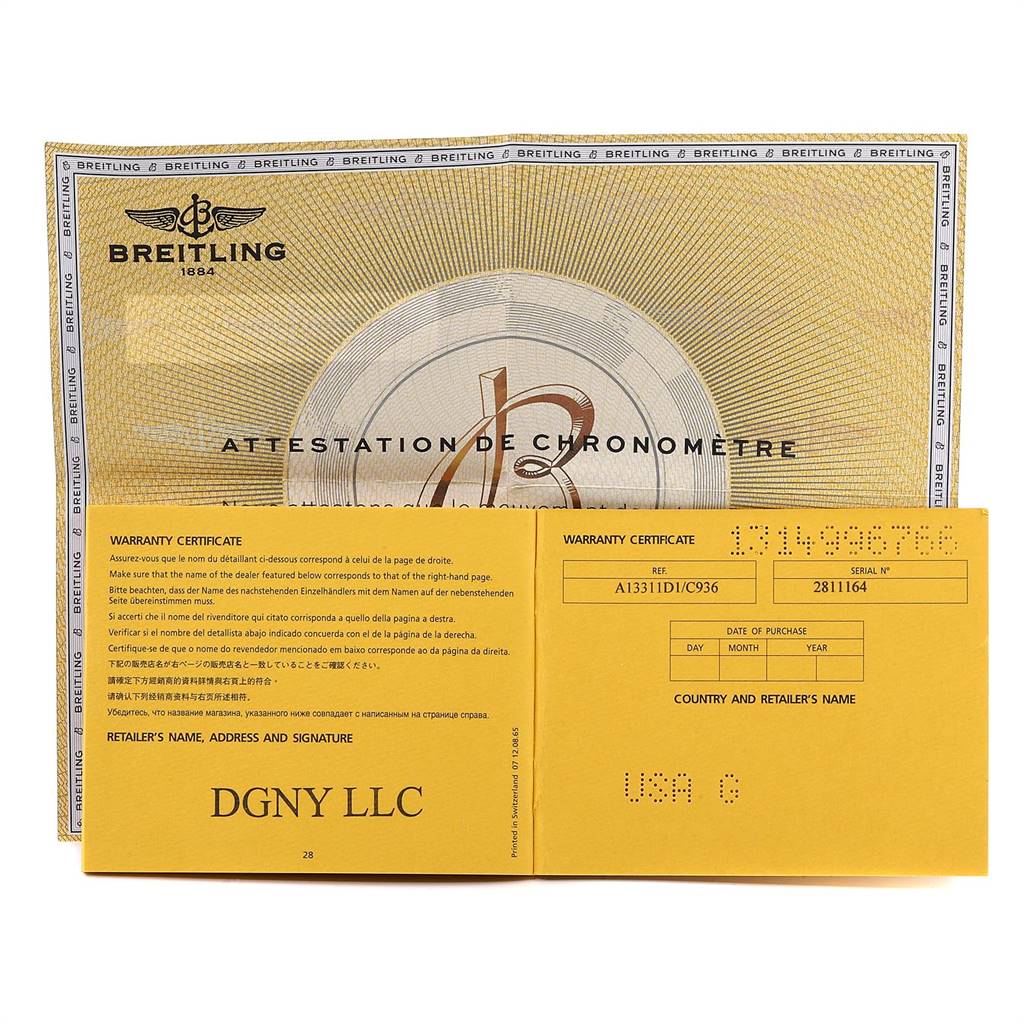 This image shows the warranty certificate and chronometer certification for a Breitling Superocean A13311 Men's Stainless Steel Blue Dial A13311 Men's Stainless Steel Blue Dial watch.