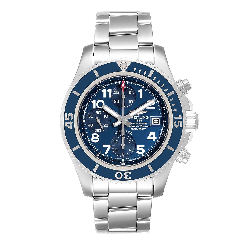 The image shows a frontal view of the Breitling Superocean A13311 Men's Stainless Steel Blue Dial A13311 Men's Stainless Steel Blue Dial watch, displaying the dial, bezel, case, and bracelet.