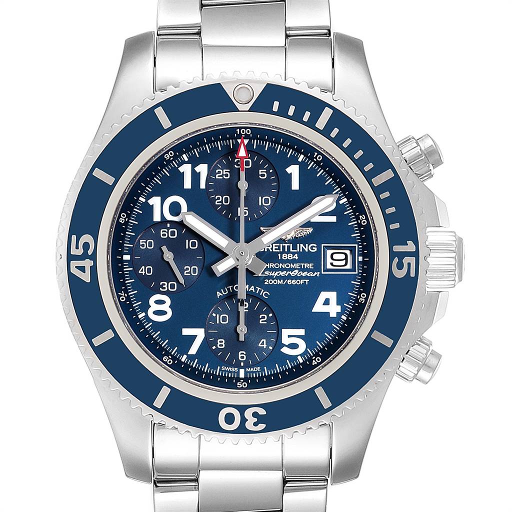 This image shows a frontal view of the Breitling Superocean A13311 Men's Stainless Steel Blue Dial A13311 Men's Stainless Steel Blue Dial watch with a blue dial and chronograph subdials.