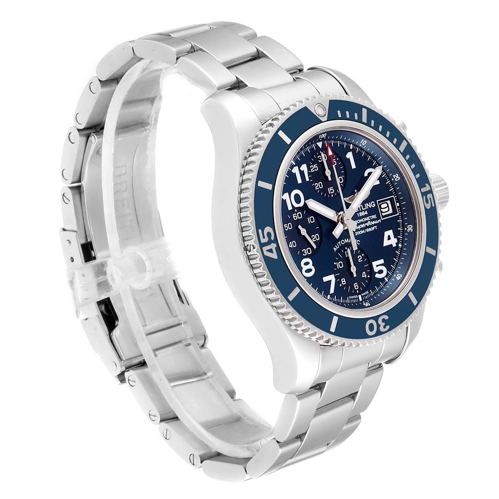 The Breitling Superocean A13311 Men's Stainless Steel Blue Dial A13311 Men's Stainless Steel Blue Dial watch is shown at a three-quarter angle highlighting the dial, case, and bracelet.