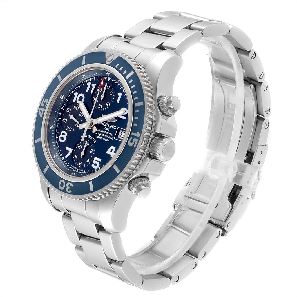 The image shows a Breitling Superocean A13311 Men's Stainless Steel Blue Dial A13311 Men's Stainless Steel Blue Dial watch from a three-quarter angle, highlighting the face, bezel, and stainless steel bracelet.