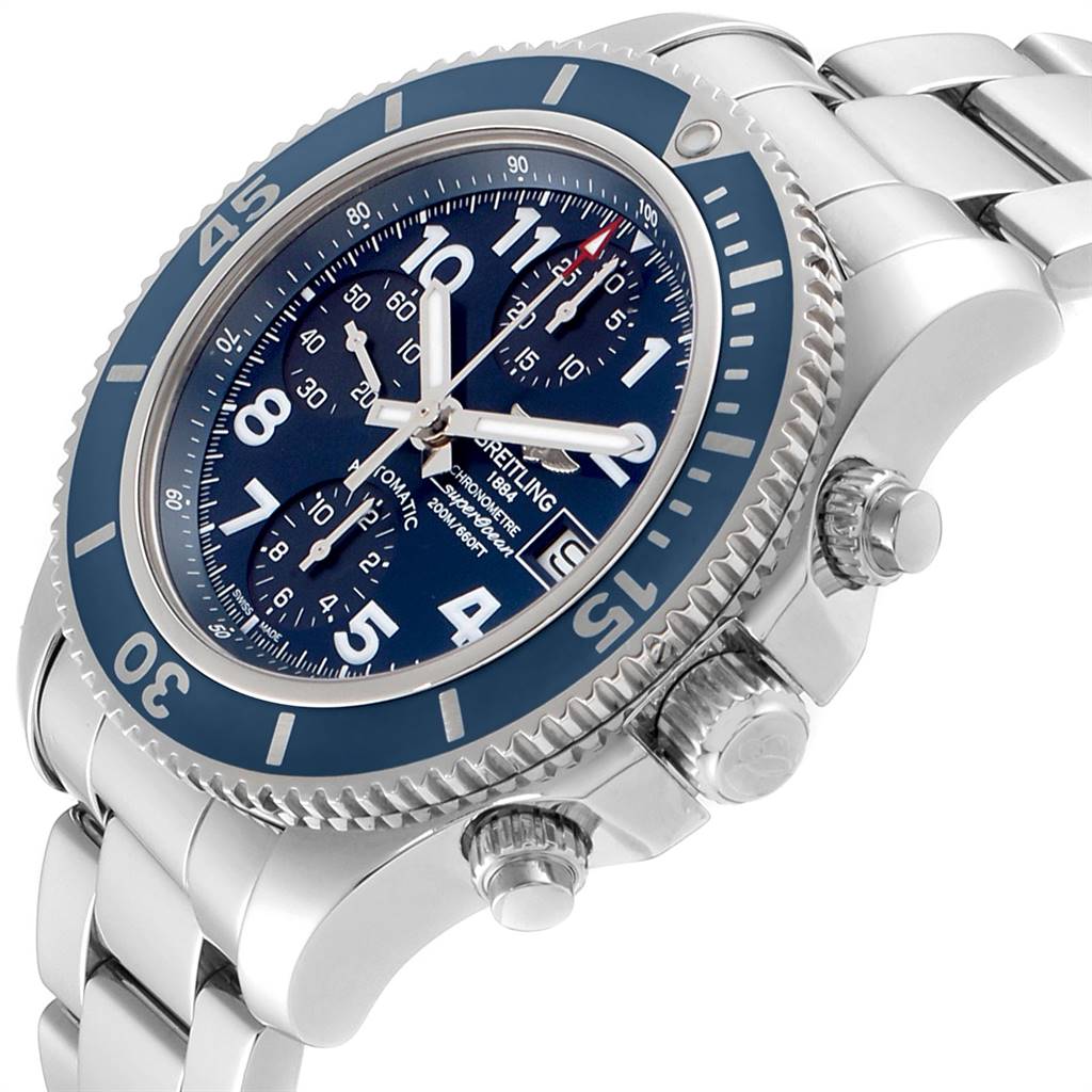 The image shows a side-angle view of the Breitling Superocean A13311 Men's Stainless Steel Blue Dial A13311 Men's Stainless Steel Blue Dial watch featuring the bezel, bracelet, and chronograph pushers.