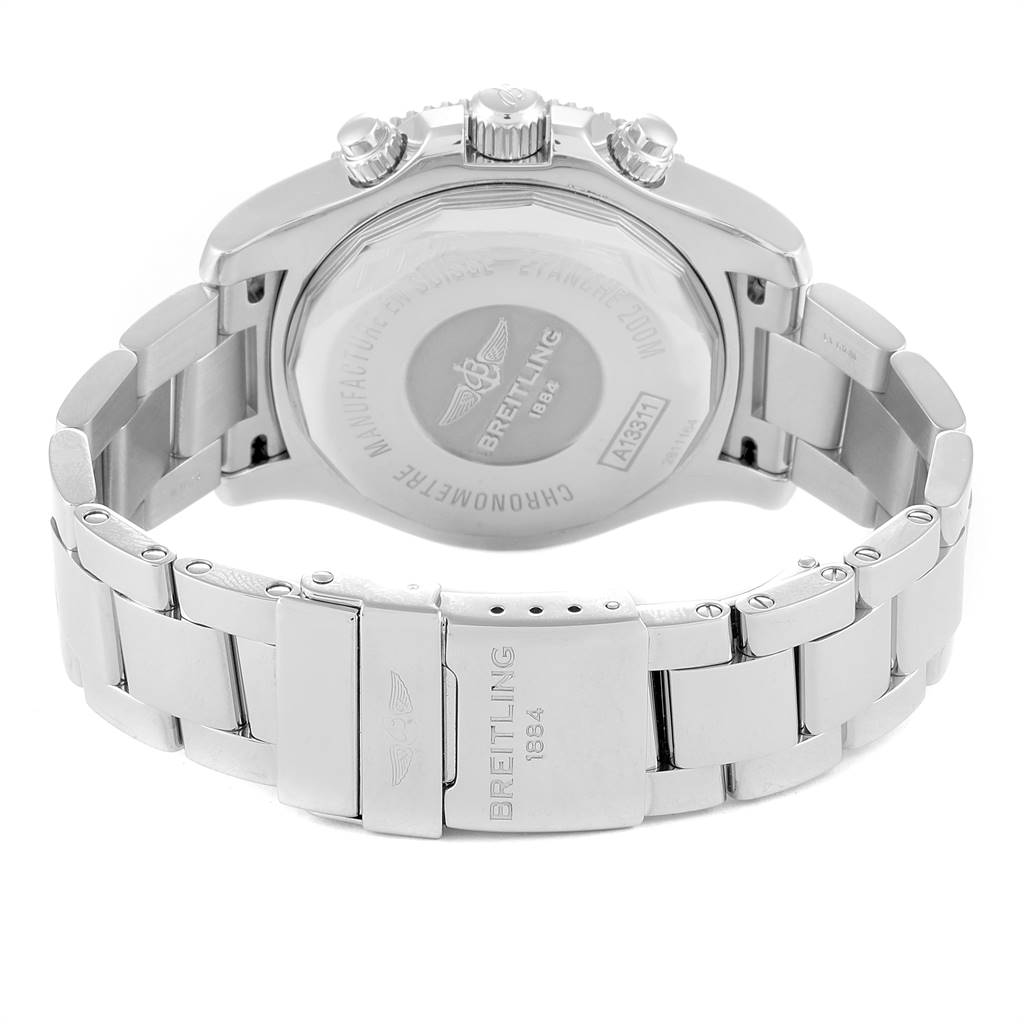 The image shows the back and clasp of a Breitling Superocean A13311 Men's Stainless Steel Blue Dial A13311 Men's Stainless Steel Blue Dial watch at a rear angle.