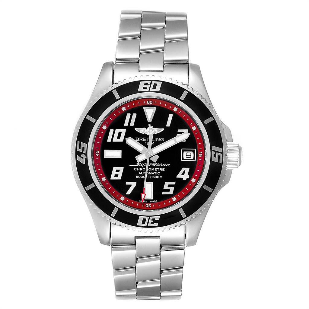 The image shows a front view of the Breitling Superocean A17364 Men's Stainless Steel Black Dial A17364 Men's Stainless Steel Black Dial watch, highlighting its dial, bezel, and metal bracelet.