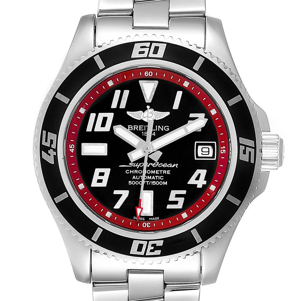 This image shows a front view of the Breitling Superocean A17364 Men's Stainless Steel Black Dial A17364 Men's Stainless Steel Black Dial watch, highlighting its dial, bezel, bracelet, and crown.