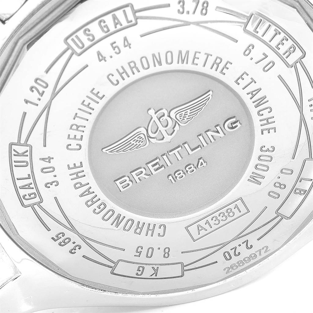 The image shows the case back of a Breitling Avenger A13381 Men's Stainless Steel Grey Dial A13381 Men's Stainless Steel Grey Dial watch, detailing various units and specifications.