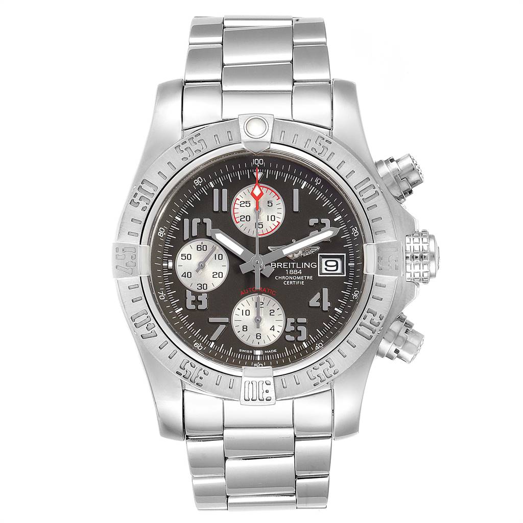 The image shows a front view of a Breitling Avenger A13381 Men's Stainless Steel Grey Dial A13381 Men's Stainless Steel Grey Dial watch, featuring its dial, chronograph sub-dials, and stainless steel bracelet.