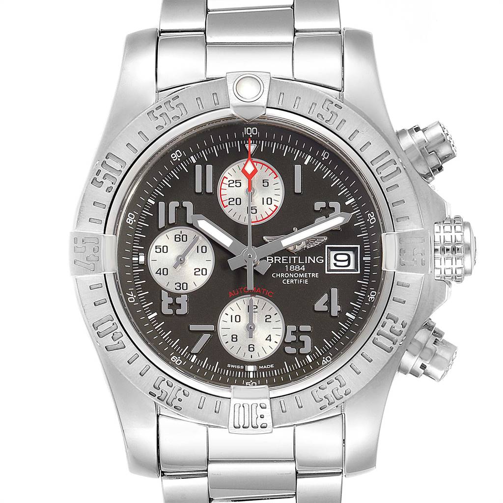 The Breitling Avenger A13381 Men's Stainless Steel Grey Dial A13381 Men's Stainless Steel Grey Dial watch is shown from a front angle, displaying its dial, chronograph subdials, bracelet, and date window.