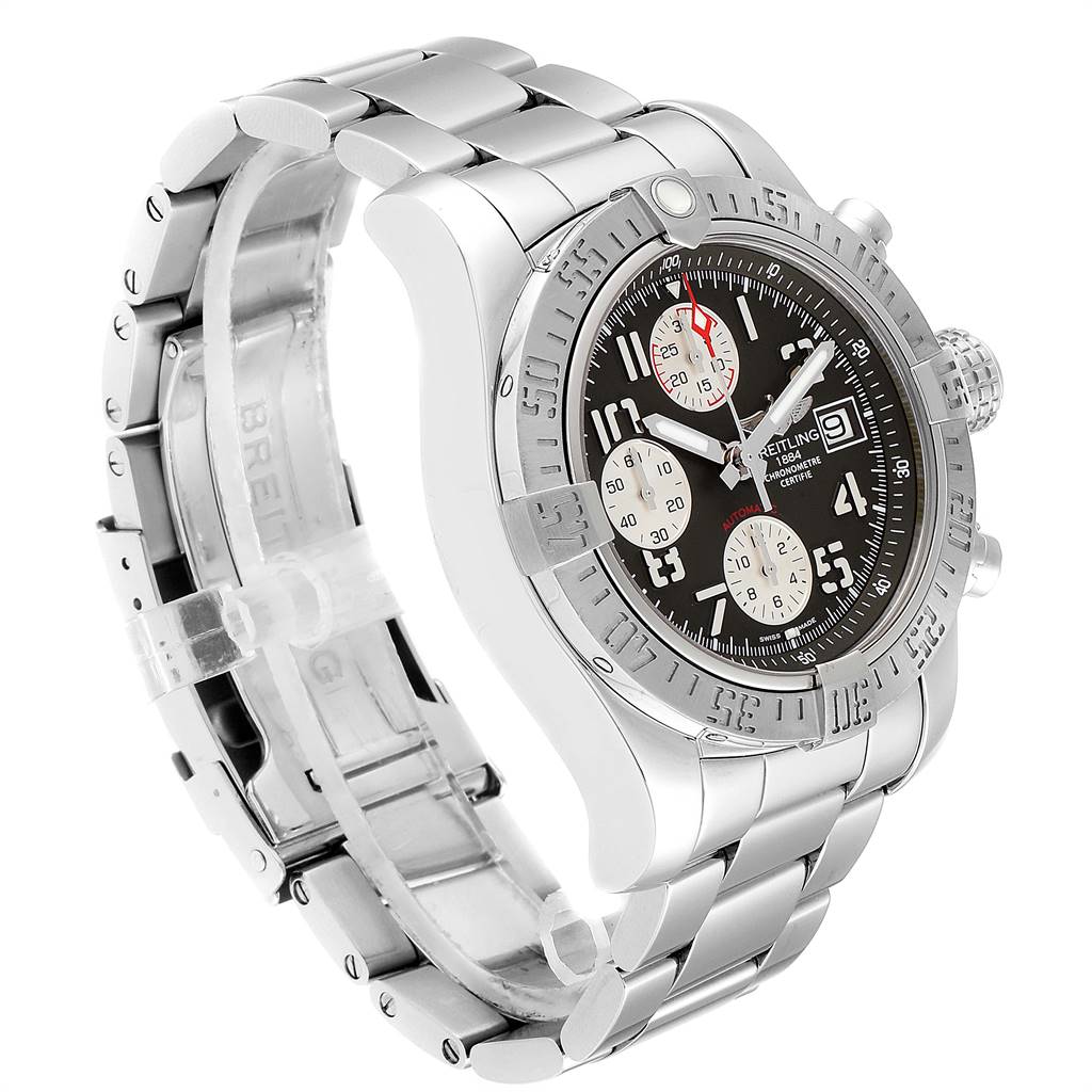 The image shows a side angle view of a Breitling Avenger A13381 Men's Stainless Steel Grey Dial A13381 Men's Stainless Steel Grey Dial watch, highlighting its stainless steel bracelet, bezel, and chronograph dial.