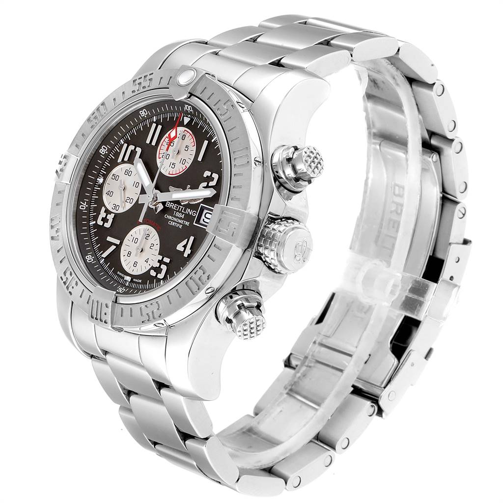 This image shows a side angle of the Breitling Avenger A13381 Men's Stainless Steel Grey Dial A13381 Men's Stainless Steel Grey Dial watch, highlighting the case, crown, chronograph pushers, and metal bracelet.