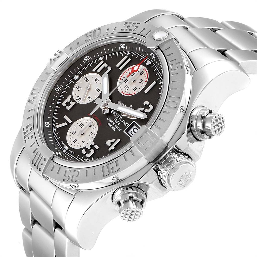 The image shows a Breitling Avenger A13381 Men's Stainless Steel Grey Dial A13381 Men's Stainless Steel Grey Dial watch at a slight angle, highlighting the bezel, dial, sub-dials, and chronograph pushers.