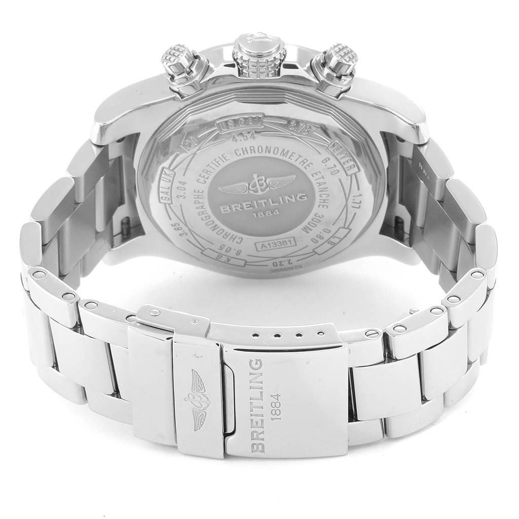 The image shows the back and bracelet of the Breitling Avenger A13381 Men's Stainless Steel Grey Dial A13381 Men's Stainless Steel Grey Dial watch, highlighting the caseback and clasp details.