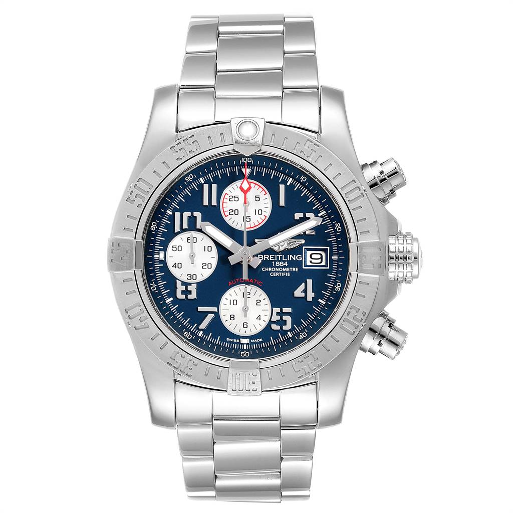 The image shows a front view of the Breitling Avenger A13381 Men's Stainless Steel Blue Dial A13381 Men's Stainless Steel Blue Dial watch with a blue dial, silver bracelet, and chronograph features.