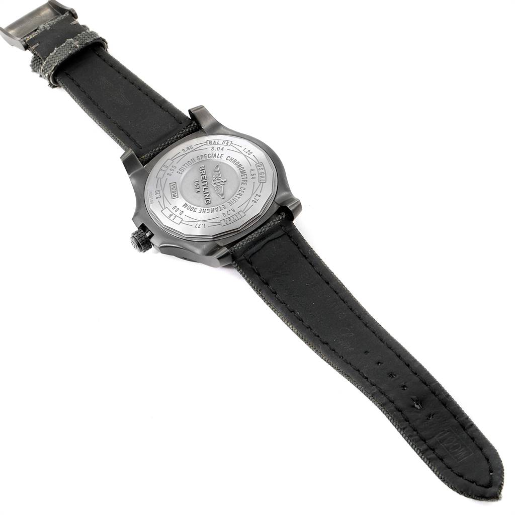 The image shows the backside of a Breitling Avenger V17310 Men's Titanium Black Dial V17310 Men's Titanium Black Dial watch, displaying the case back and black leather strap.