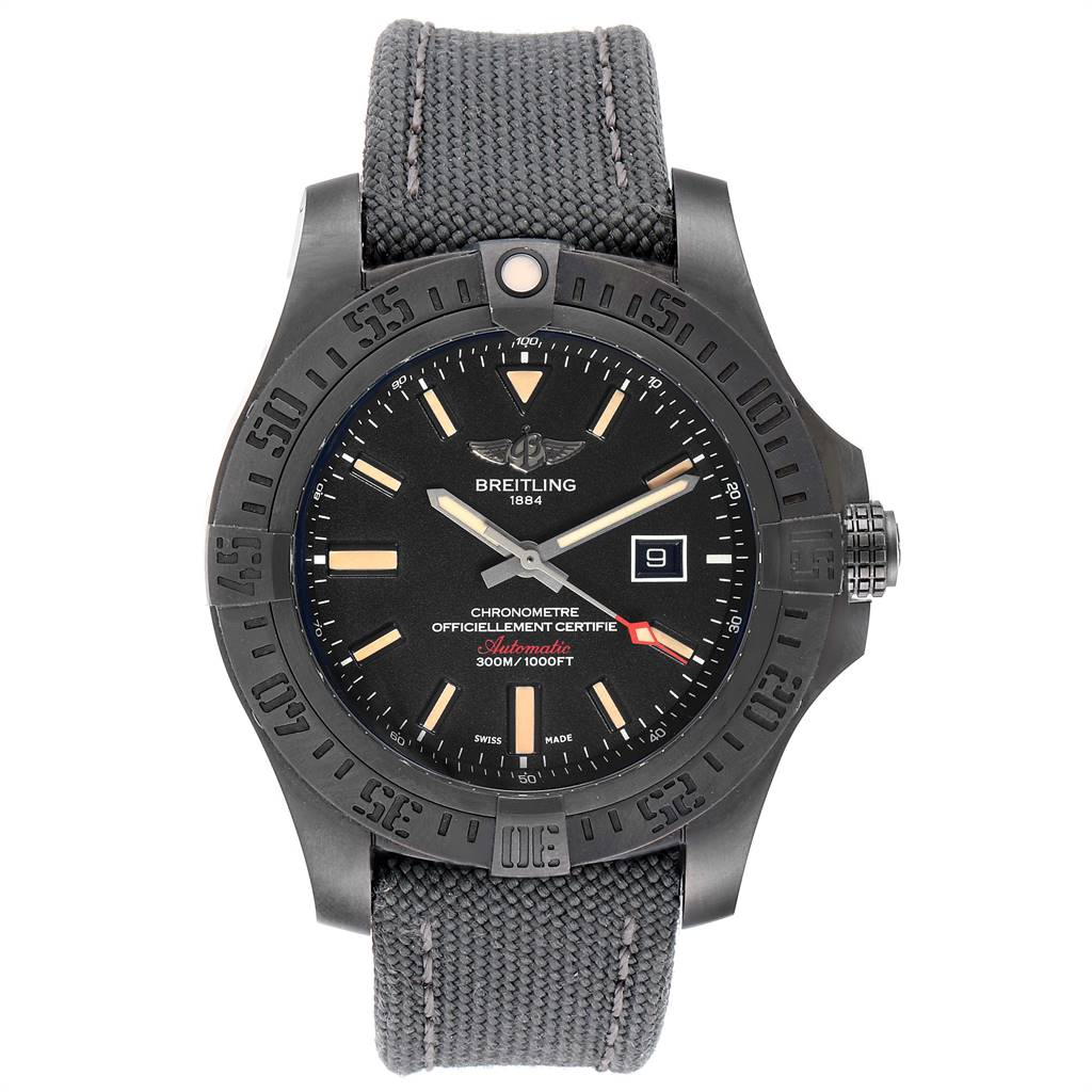 This image shows a front view of the Breitling Avenger V17310 Men's Titanium Black Dial V17310 Men's Titanium Black Dial watch, highlighting the face, bezel, case, crown, and strap.
