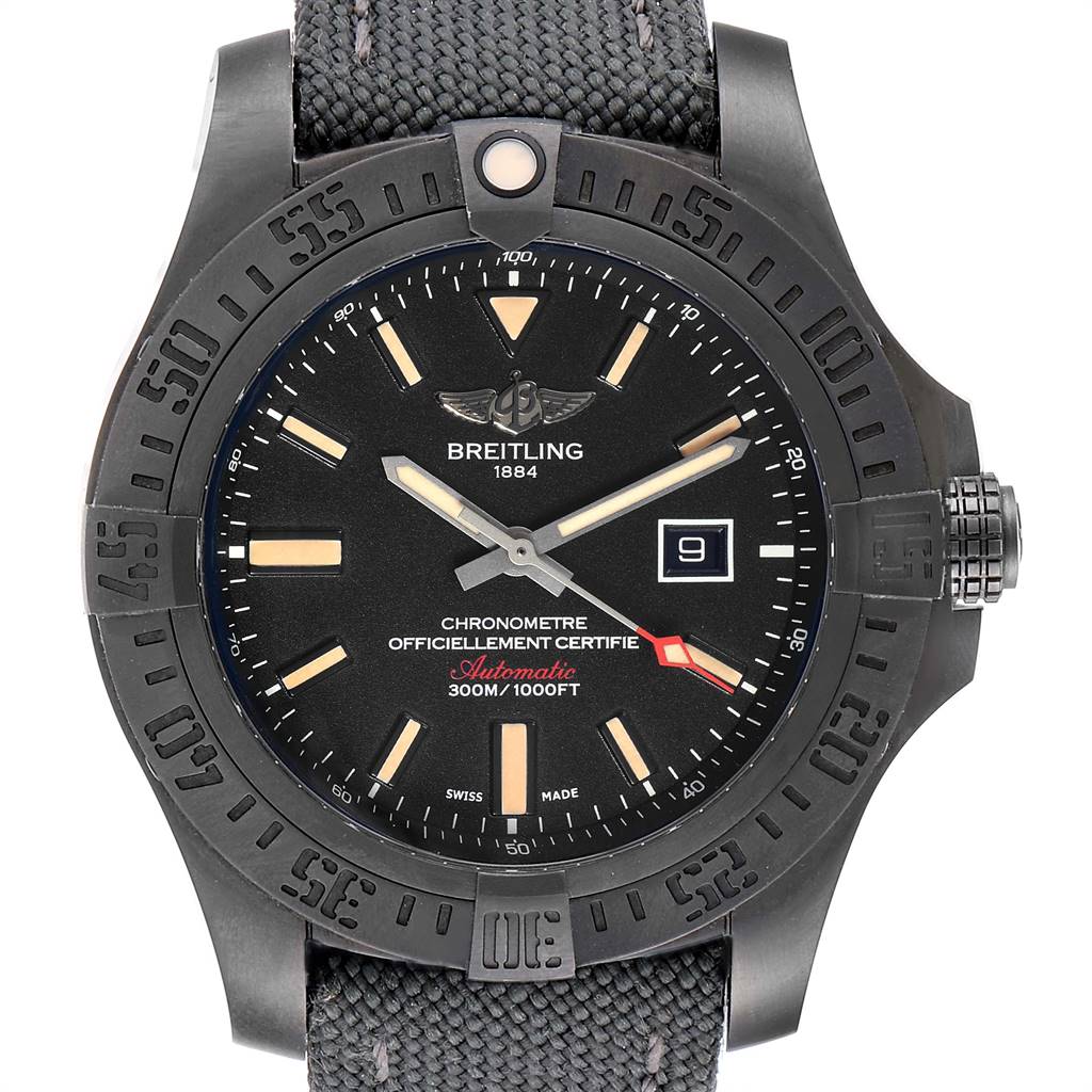 The straight-on image displays the dial, bezel, crown, and part of the strap of the Breitling Avenger V17310 Men's Titanium Black Dial V17310 Men's Titanium Black Dial watch.