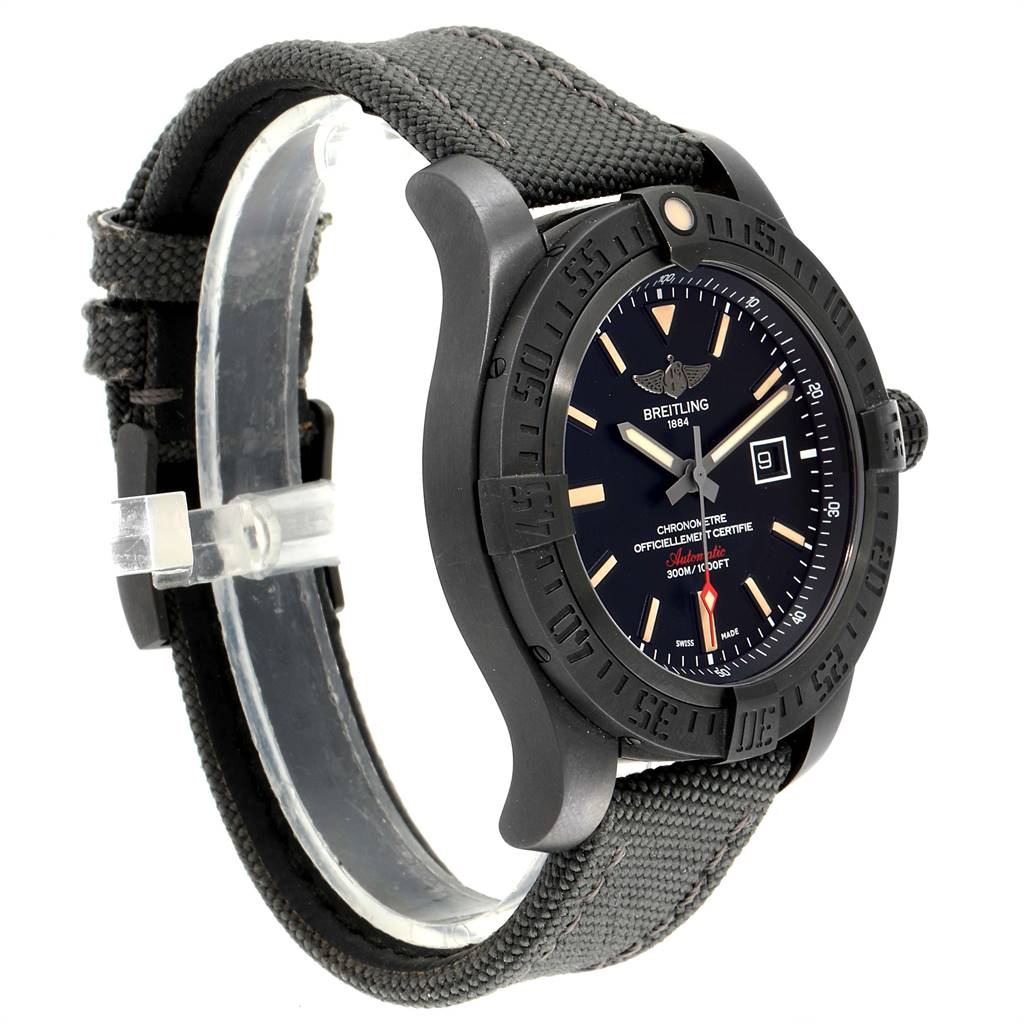 The Breitling Avenger V17310 Men's Titanium Black Dial V17310 Men's Titanium Black Dial watch is shown at a three-quarter angle, displaying its face, bezel, case, and part of the strap.
