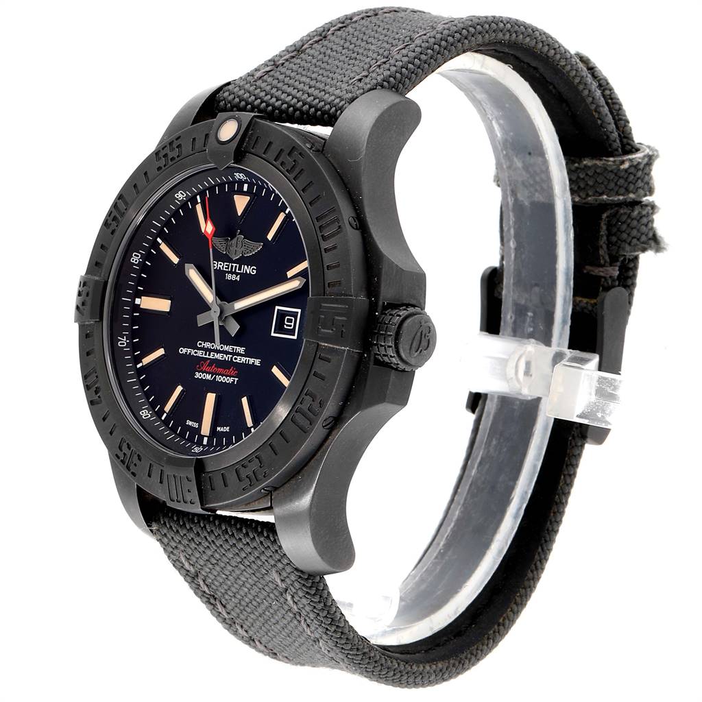 The Breitling Avenger V17310 Men's Titanium Black Dial V17310 Men's Titanium Black Dial watch is displayed at a three-quarter angle, showcasing the face, bezel, crown, and strap.