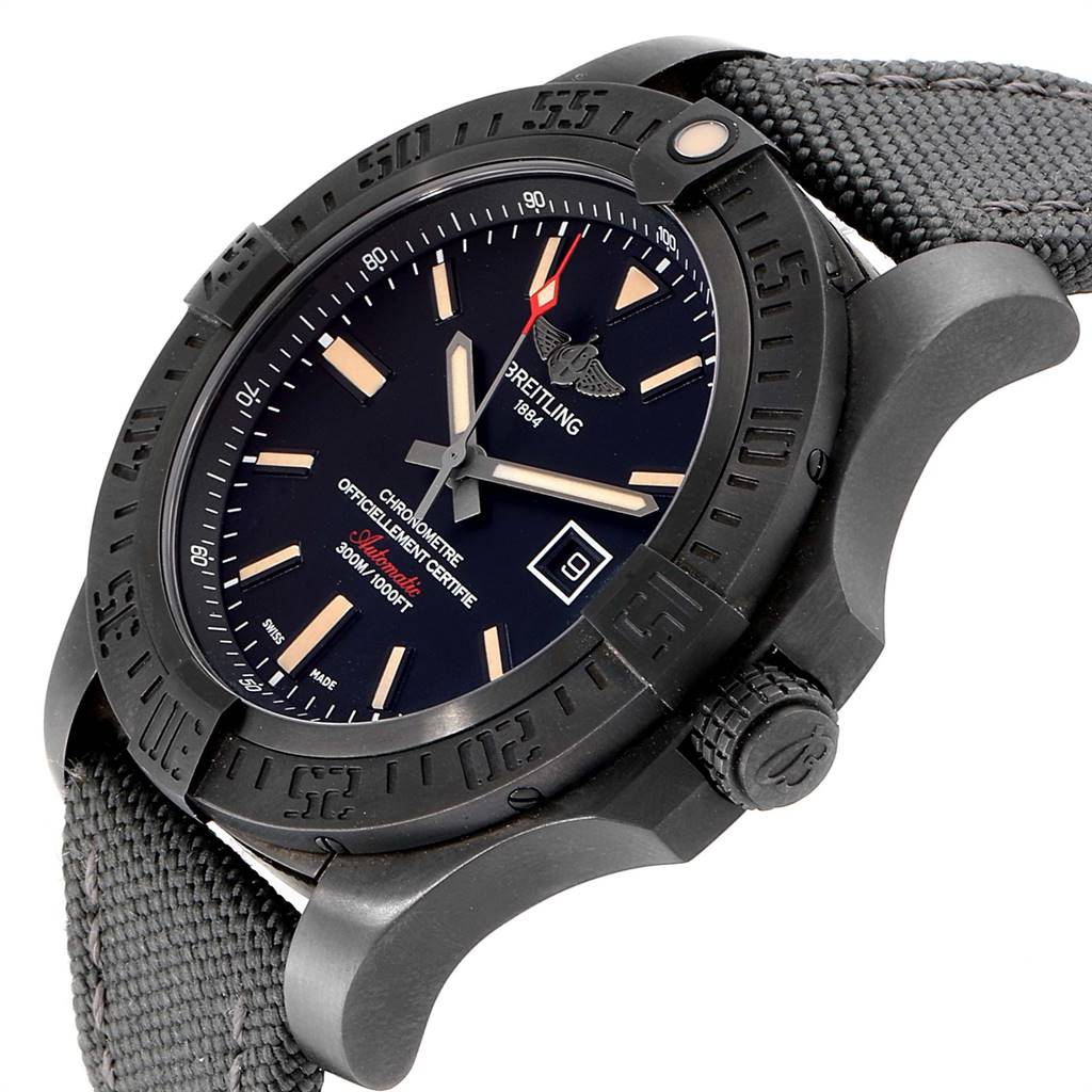 This image shows a side and front angle view of a Breitling Avenger V17310 Men's Titanium Black Dial V17310 Men's Titanium Black Dial watch, highlighting the bezel, dial, crown, and strap.