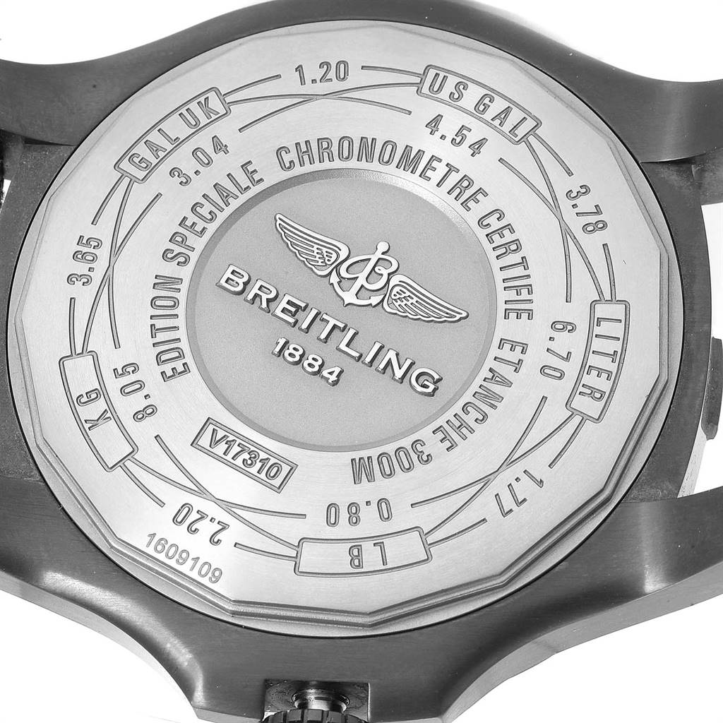 The image shows the back case of a Breitling Avenger V17310 Men's Titanium Black Dial V17310 Men's Titanium Black Dial watch, highlighting its specifications and branding.