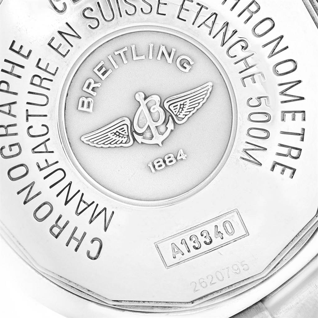 This image shows the engraved case back of a Breitling Superocean A13340 Men's Stainless Steel Beige Dial A13340 Men's Stainless Steel Beige Dial watch, highlighting model information and brand details.