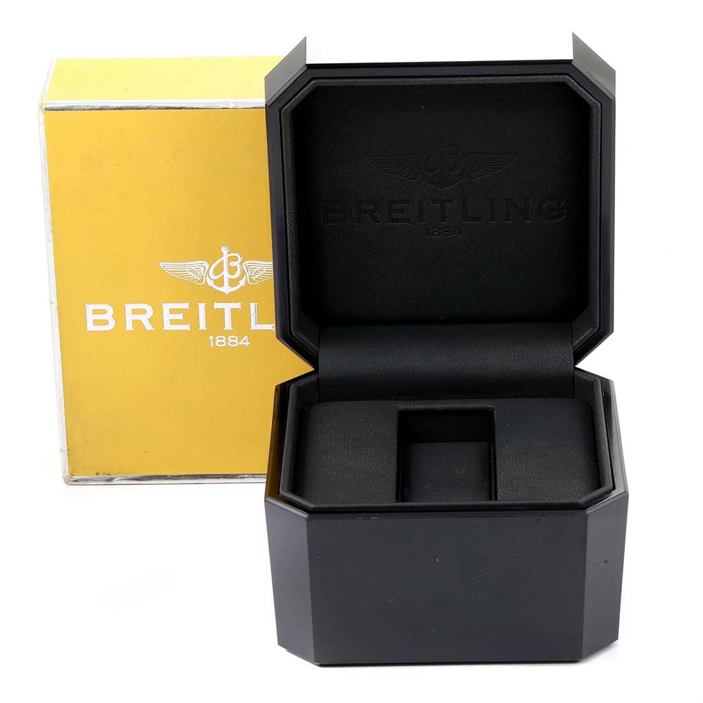The image shows the open case and outer box for a Breitling Superocean A13340 Men's Stainless Steel Beige Dial A13340 Men's Stainless Steel Beige Dial watch, viewed from the front.