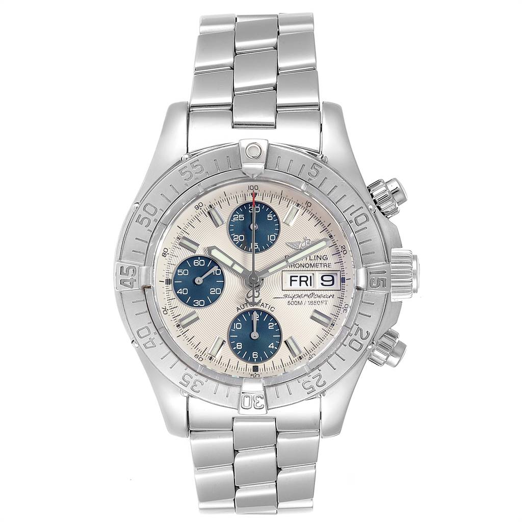 The image shows a front view of a Breitling Superocean A13340 Men's Stainless Steel Beige Dial A13340 Men's Stainless Steel Beige Dial watch, displaying the dial, bezel, and metal bracelet.