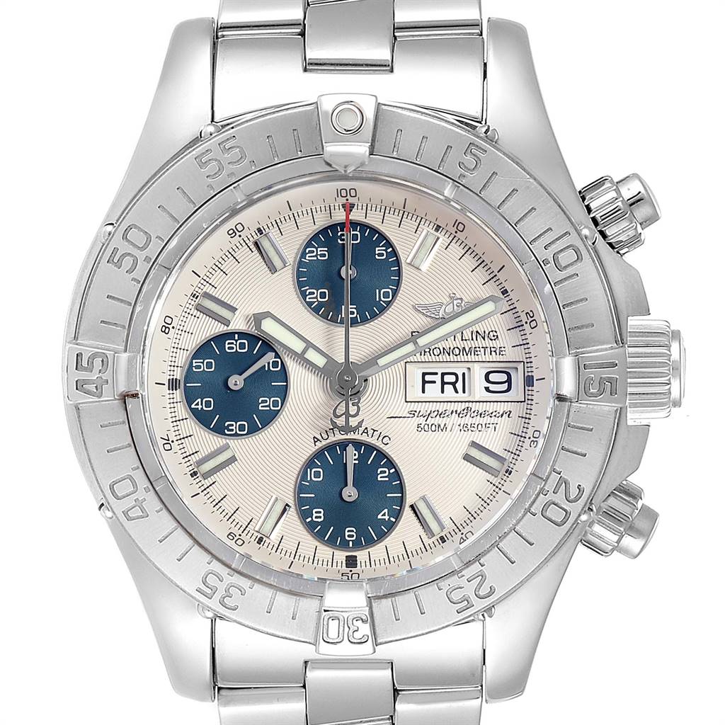 This image shows a front view of the Breitling Superocean A13340 Men's Stainless Steel Beige Dial A13340 Men's Stainless Steel Beige Dial watch, displaying its face, bezel, crown, and part of the bracelet.