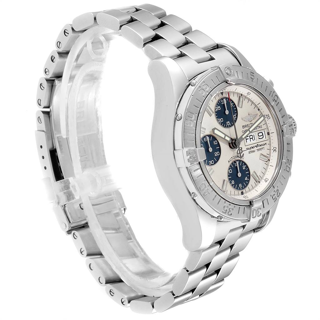 This image shows a side-angle view of a Breitling Superocean A13340 Men's Stainless Steel Beige Dial A13340 Men's Stainless Steel Beige Dial watch, highlighting its stainless steel case, bezel, and bracelet.