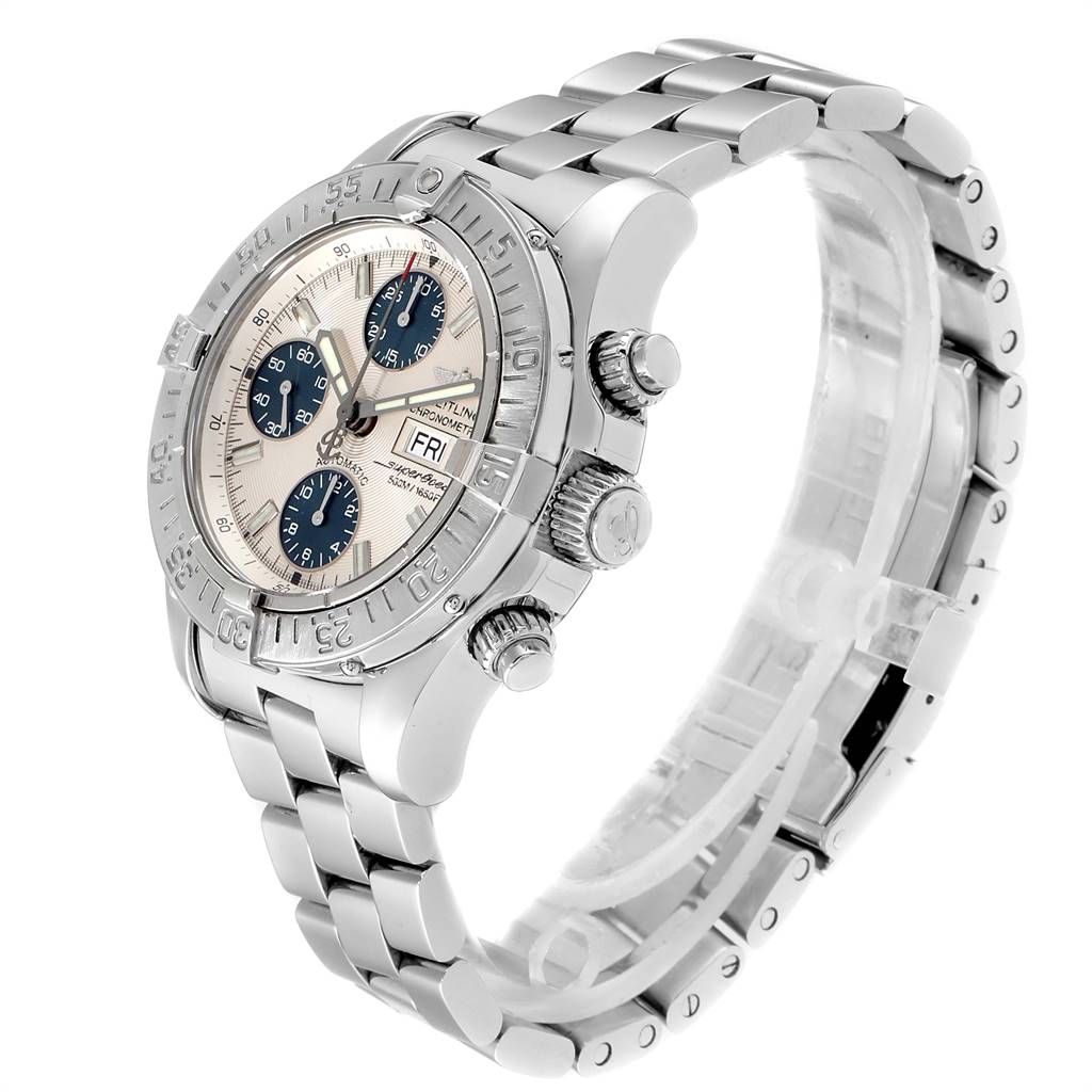 The Breitling Superocean A13340 Men's Stainless Steel Beige Dial A13340 Men's Stainless Steel Beige Dial watch is shown at a three-quarter angle, highlighting the bracelet, bezel, dial, and side buttons.