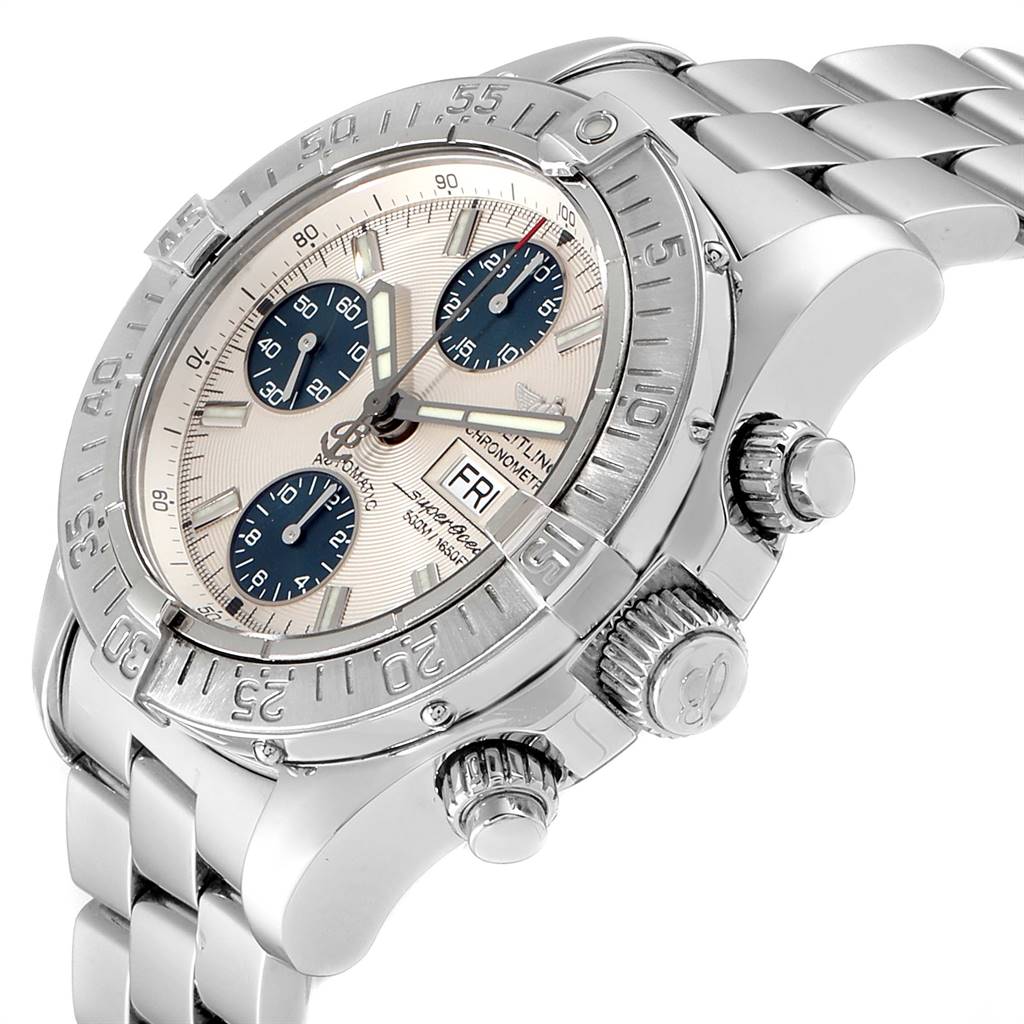 The image shows a side-angle view of the Breitling Superocean A13340 Men's Stainless Steel Beige Dial A13340 Men's Stainless Steel Beige Dial watch, highlighting its bezel, crown, pushers, and stainless steel bracelet.