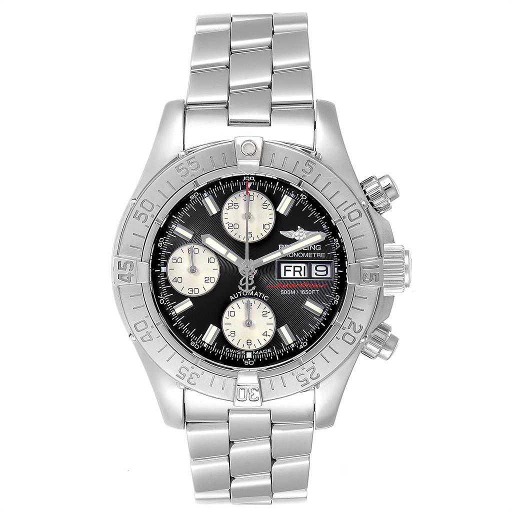 The image shows a Breitling Superocean A13340 Men
s Stainless Steel Black Dial A13340 Men
s Stainless Steel Black Dial watch from the front, displaying its dial, bezel, and stainless steel bracelet.