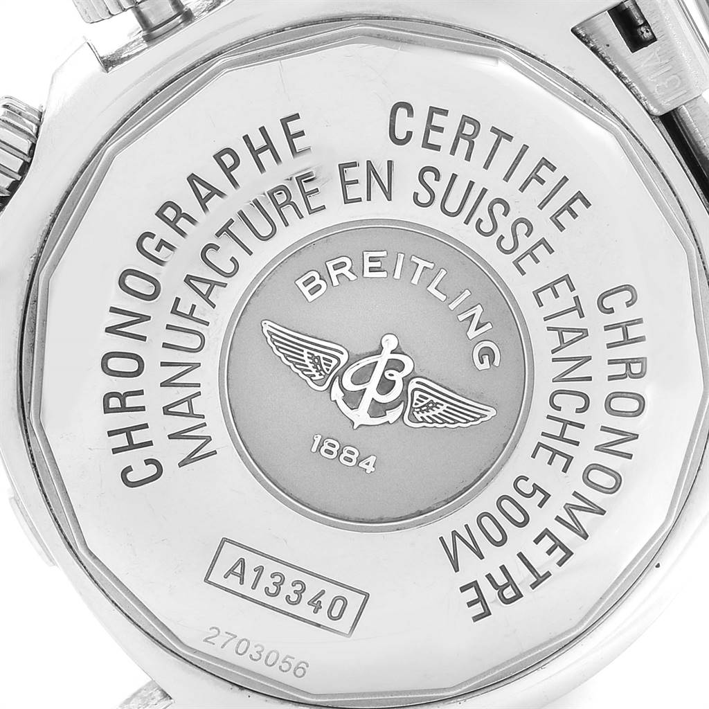 The image shows the back case of a Breitling Superocean A13340 Men
s Stainless Steel Black Dial A13340 Men
s Stainless Steel Black Dial watch, displaying branding and model information.