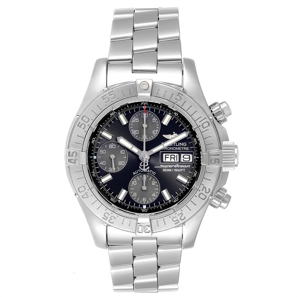 This image shows a front view of the Breitling Superocean A13340 Men
s Stainless Steel Black Dial A13340 Men
s Stainless Steel Black Dial watch, highlighting its dial, bezel, and metal bracelet.