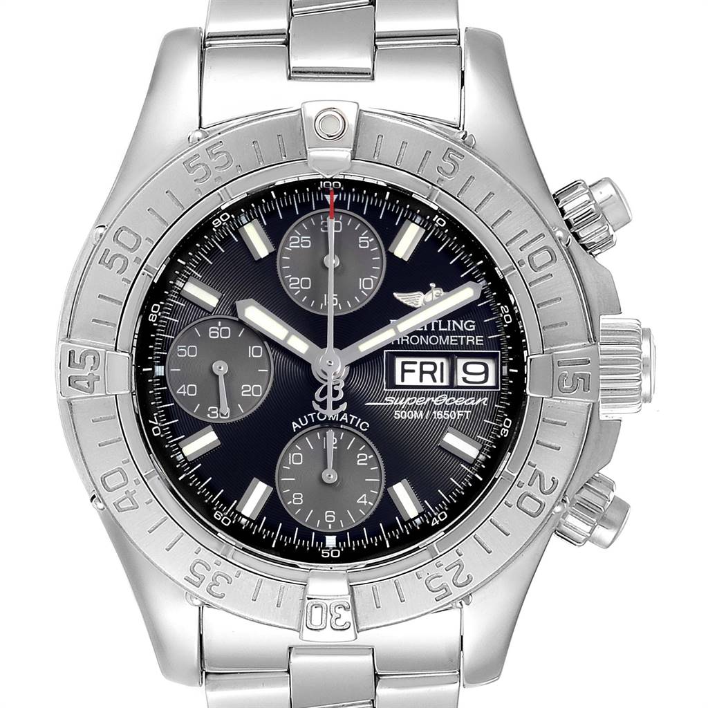 The image shows a front view of the Breitling Superocean A13340 Men
s Stainless Steel Black Dial A13340 Men
s Stainless Steel Black Dial watch, displaying its dial, bezel, bracelets, and side buttons.