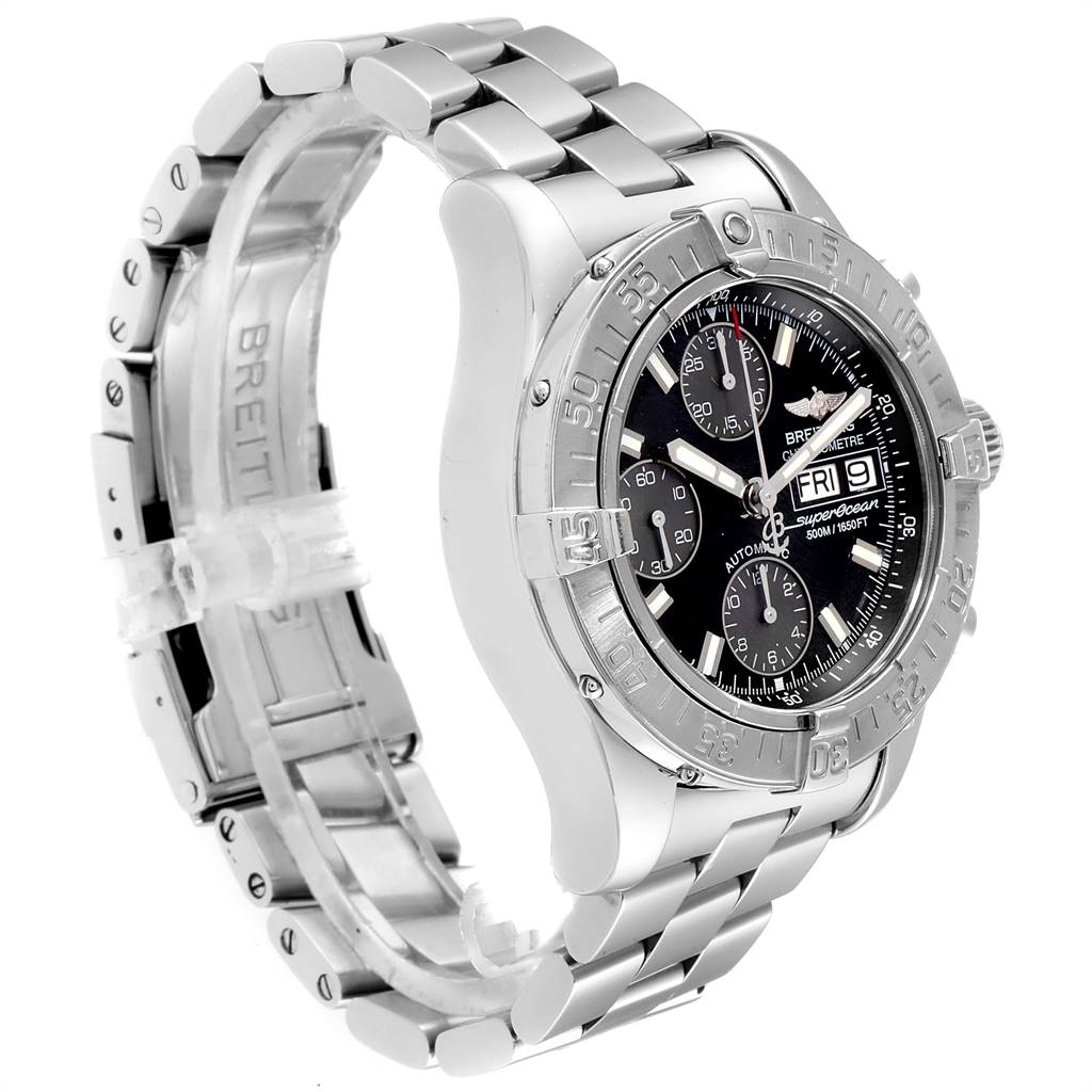 The Breitling Superocean A13340 Men
s Stainless Steel Black Dial A13340 Men
s Stainless Steel Black Dial watch is shown from a three-quarter angle, displaying the face, bezel, case, and bracelet.