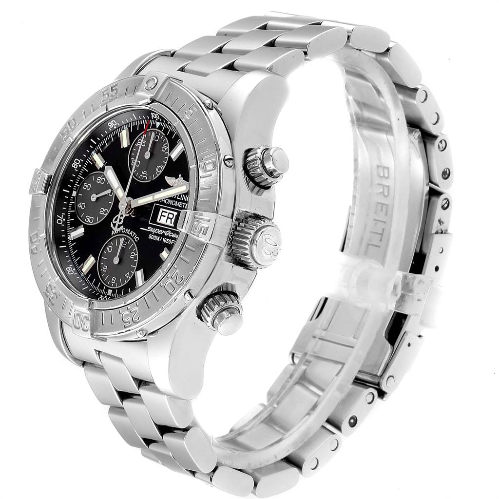 The image shows a Breitling Superocean A13340 Men
s Stainless Steel Black Dial A13340 Men
s Stainless Steel Black Dial watch from a front angle, highlighting its dial, bezel, and metal bracelet.