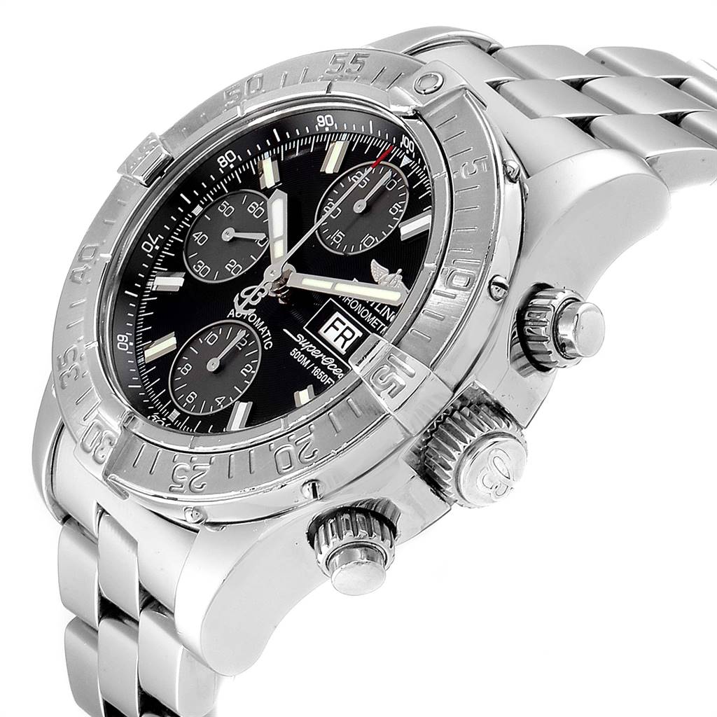 The image shows the Breitling Superocean A13340 Men
s Stainless Steel Black Dial A13340 Men
s Stainless Steel Black Dial watch at an angled side view, highlighting the bezel, crown, sub-dials, and bracelet.