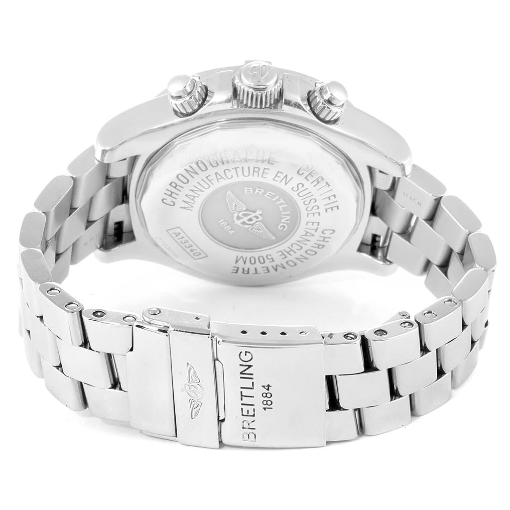 This image shows the back view of a Breitling Superocean A13340 Men
s Stainless Steel Black Dial A13340 Men
s Stainless Steel Black Dial watch, displaying the case back and metal bracelet clasp.