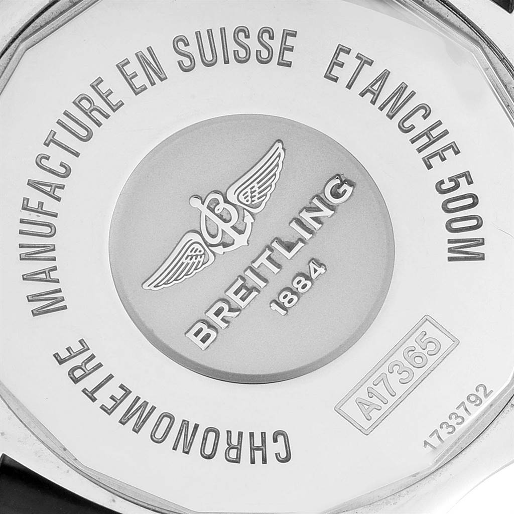 This image shows the case back of a Breitling Superocean A17391 Men
s Stainless Steel Black Dial A17391 Men
s Stainless Steel Black Dial watch, highlighting the brand logo and model details.