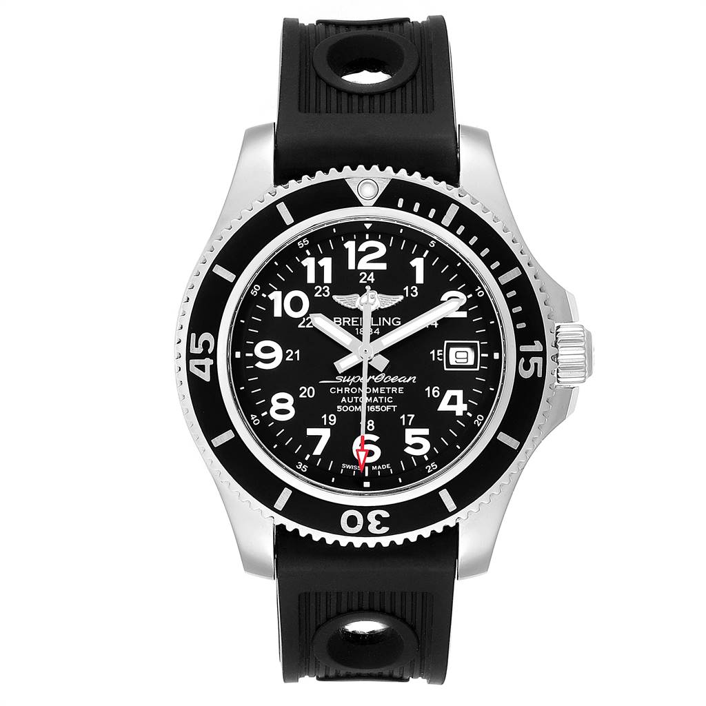 The image shows a front view of the Breitling Superocean A17391 Men
s Stainless Steel Black Dial A17391 Men
s Stainless Steel Black Dial watch featuring its face, bezel, crown, and rubber strap.