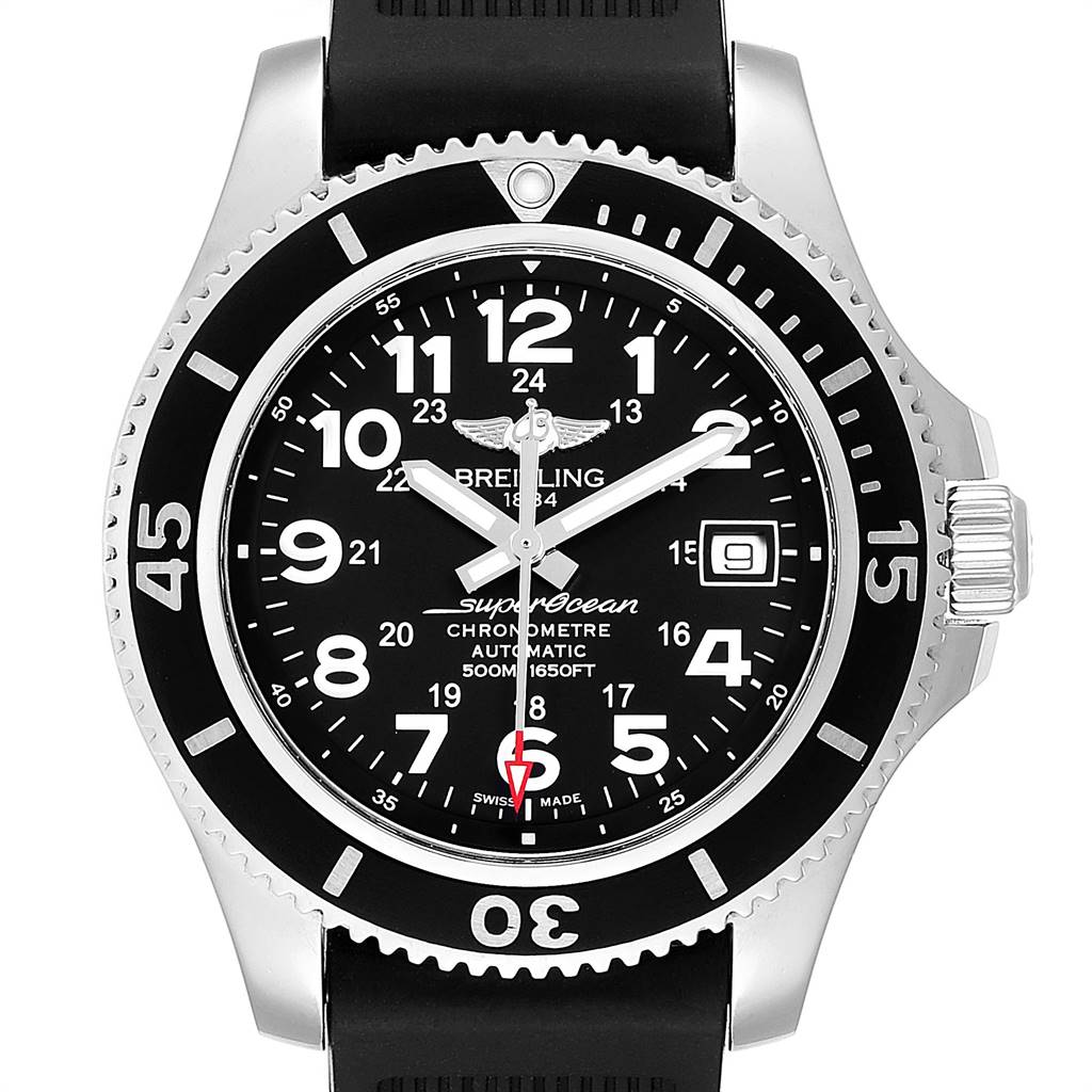 The image shows a front view of a Breitling Superocean A17391 Men
s Stainless Steel Black Dial A17391 Men
s Stainless Steel Black Dial watch, displaying its bezel, dial, hands, and date window.