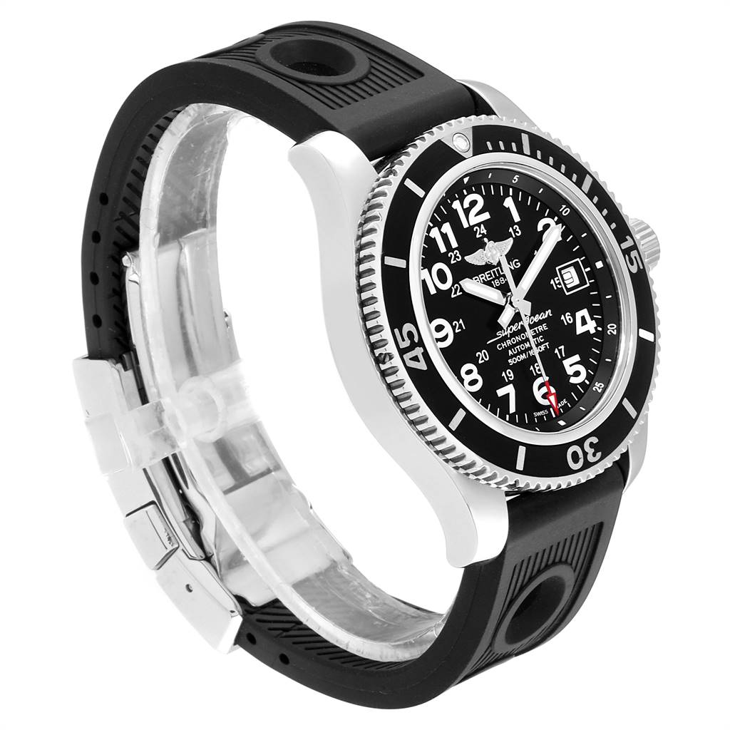 The Breitling Superocean A17391 Men
s Stainless Steel Black Dial A17391 Men
s Stainless Steel Black Dial watch is shown at a slight angle, highlighting its black dial, bezel, and black strap.