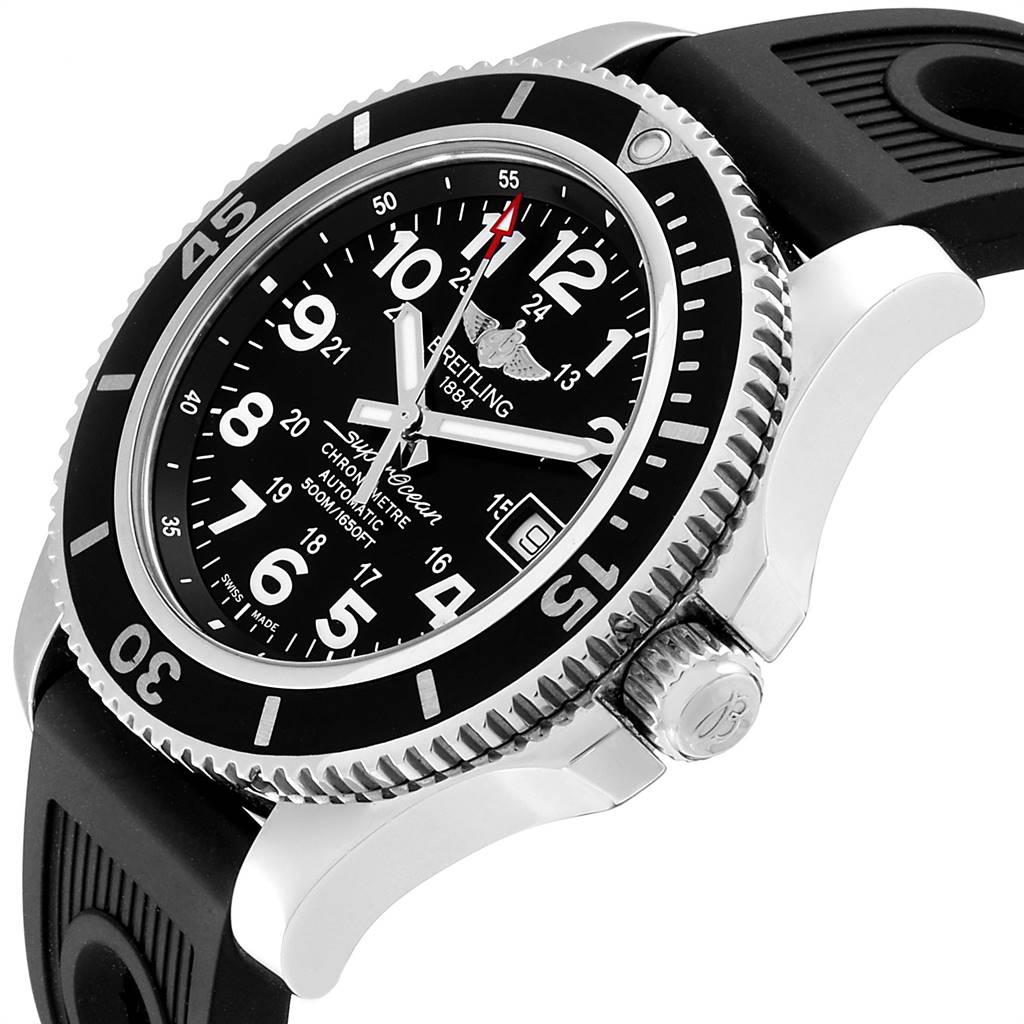 The image shows a Breitling Superocean A17391 Men
s Stainless Steel Black Dial A17391 Men
s Stainless Steel Black Dial watch at an angle highlighting the dial, bezel, crown, and part of the strap.