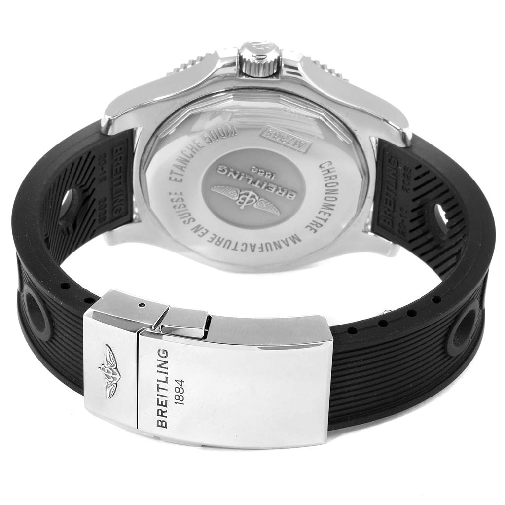 The image shows the back and strap of a Breitling Superocean A17391 Men
s Stainless Steel Black Dial A17391 Men
s Stainless Steel Black Dial watch, featuring its clasp and detailed case back.