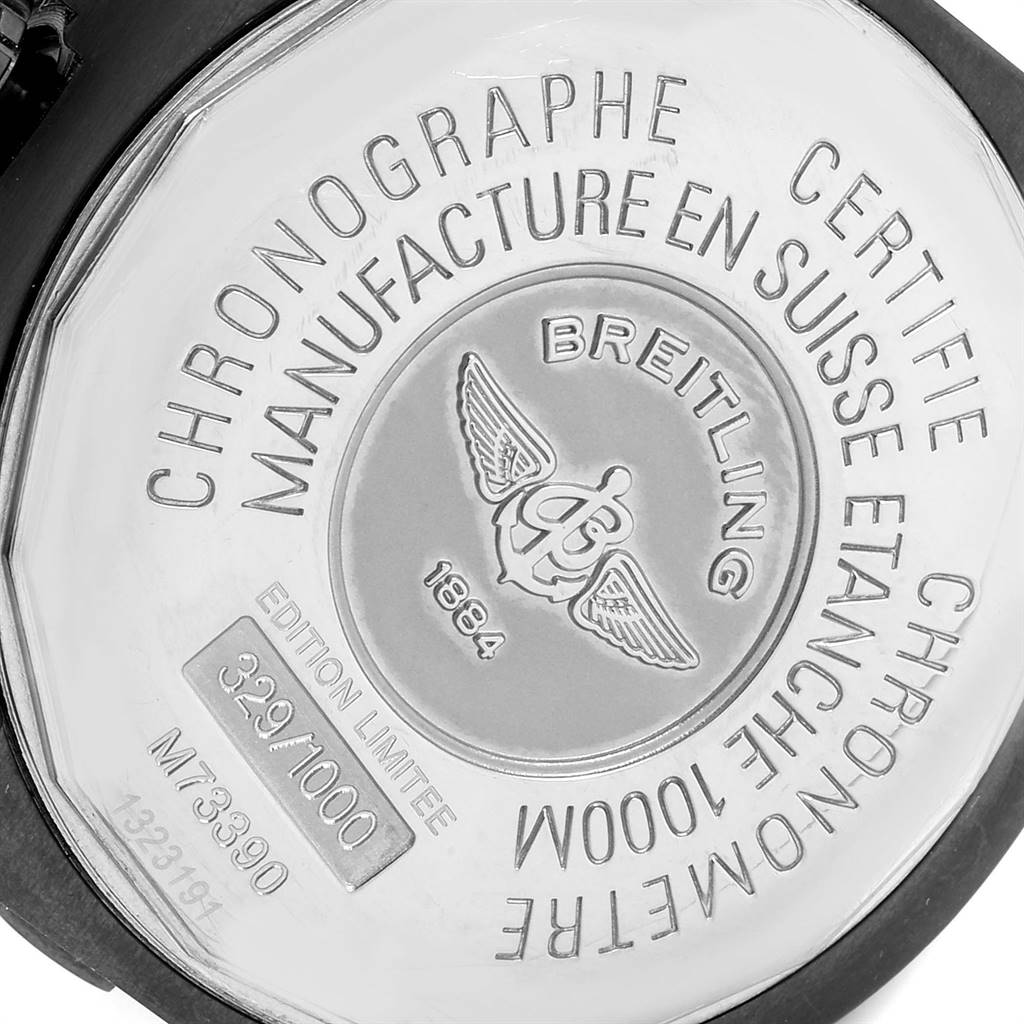 This image shows the case back of a Breitling Avenger M73390 Men
s Stainless Steel Black Dial M73390 Men
s Stainless Steel Black Dial watch, highlighting its engravings and limited edition number.