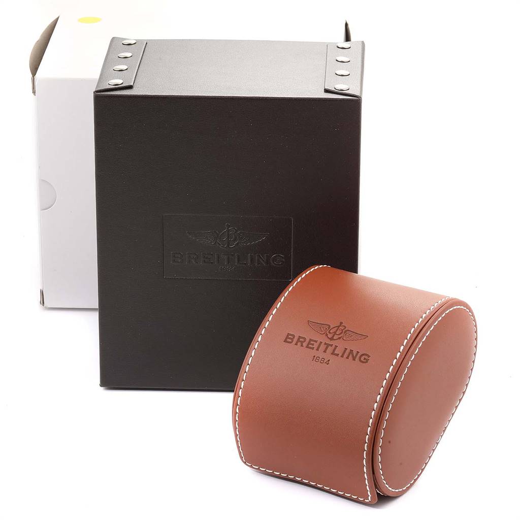 The image shows the packaging and carrying case for a Breitling Avenger M73390 Men
s Stainless Steel Black Dial M73390 Men
s Stainless Steel Black Dial watch.