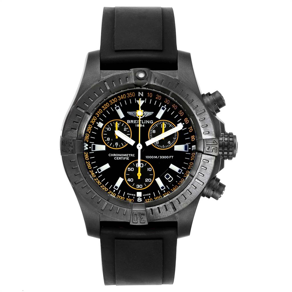 The Breitling Avenger M73390 Men
s Stainless Steel Black Dial M73390 Men
s Stainless Steel Black Dial watch is shown from a front angle, displaying the dial, bezel, and part of the rubber strap.